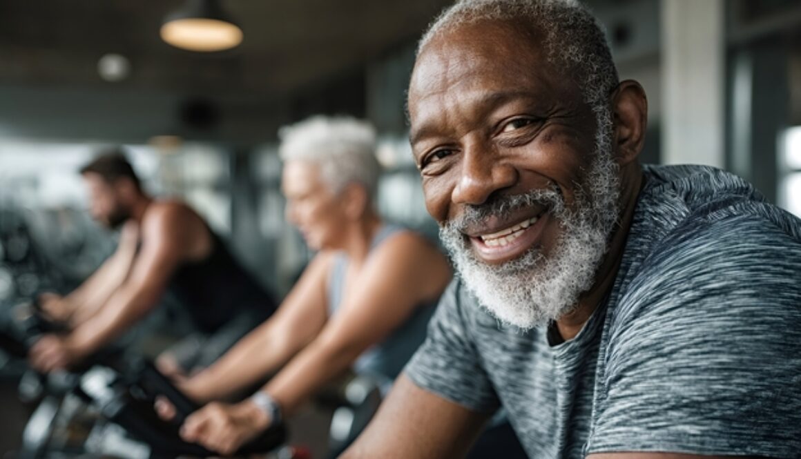Senior man smiling performing indoor cycling in gym